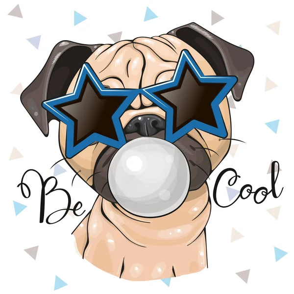 Cool Cartoon Cão Pug Bonito Com Óculos Sol Forma Estrelas — Vetor de Stock