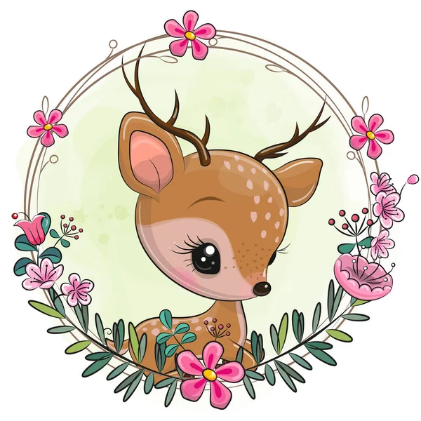 Cute Deer Flower Wreath — 스톡 벡터