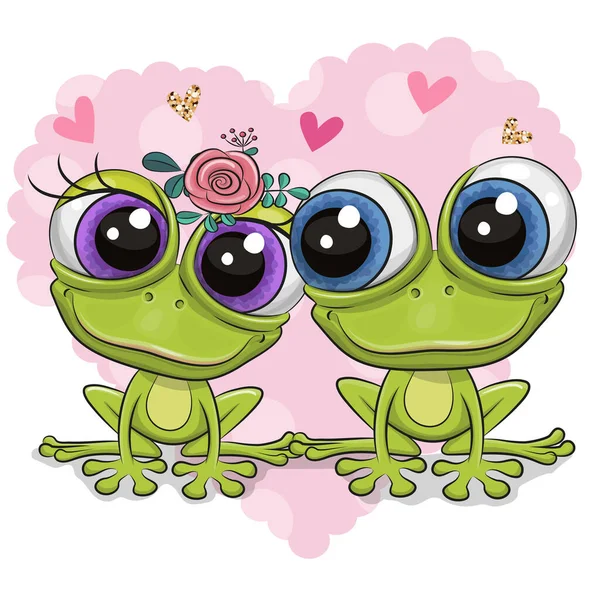 Two Cute Cartoon Frogs Background Hear — Stock Vector