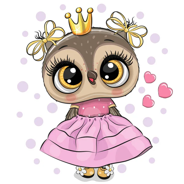 Χαριτωμένο Καρτούν Κουκουβάγια Πριγκίπισσα Ένα Ροζ Φόρεμα Τις Καρδιές Απομονώνονται — Διανυσματικό Αρχείο