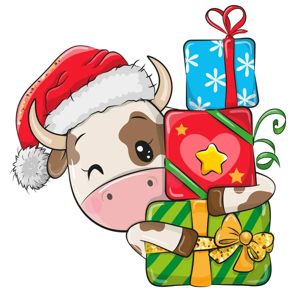 Cute Cartoon Bull Prezentów Kapeluszu Santa — Wektor stockowy
