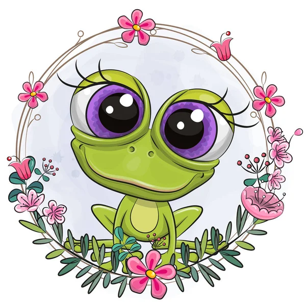 ベクトルイラストかわいい漫画のカエルの花の花輪 — ストックベクタ