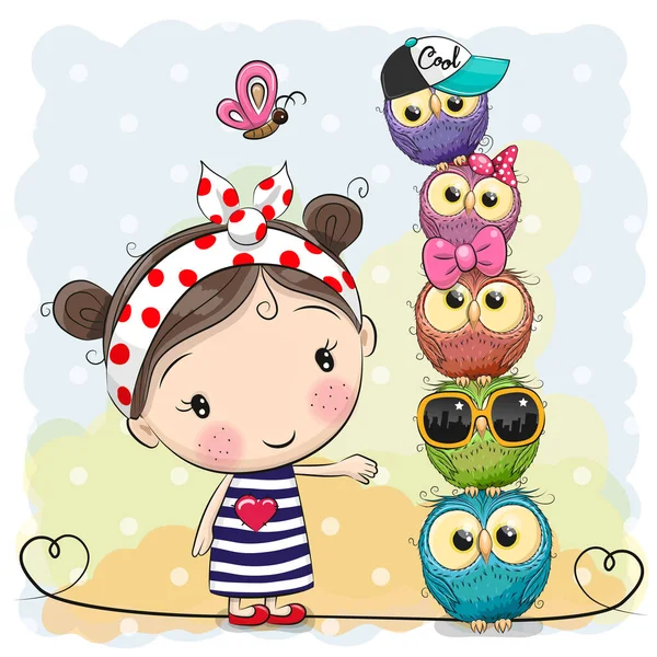 Cute Cartoon Girl Owls Blue Background — Stock Vector