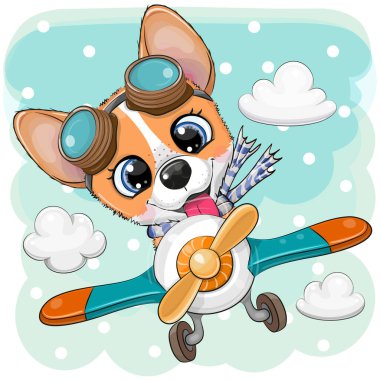 Şirin çizgi film Corgi uçakta uçuyor.