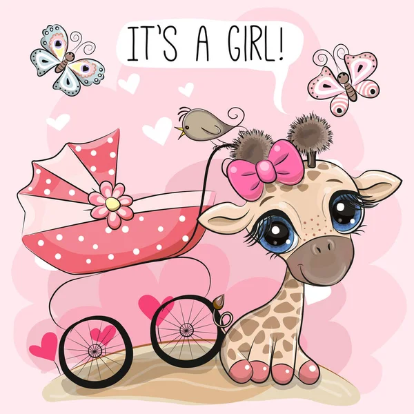 Cartão Saudação Uma Menina Com Carruagem Bebê Girafa Bonito —  Vetores de Stock
