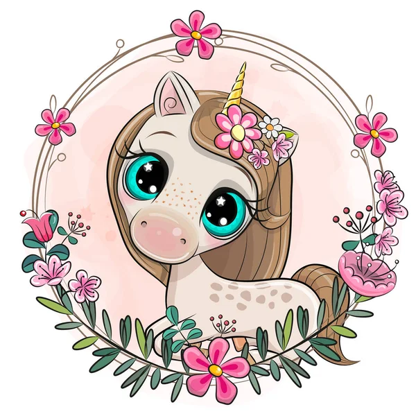 Mignon Dessin Animé Licorne Avec Des Fleurs Sur Fond Rose — Image vectorielle