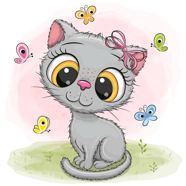 Mignon Dessin Animé Chaton Fille Sur Pré Avec Papillons — Image vectorielle