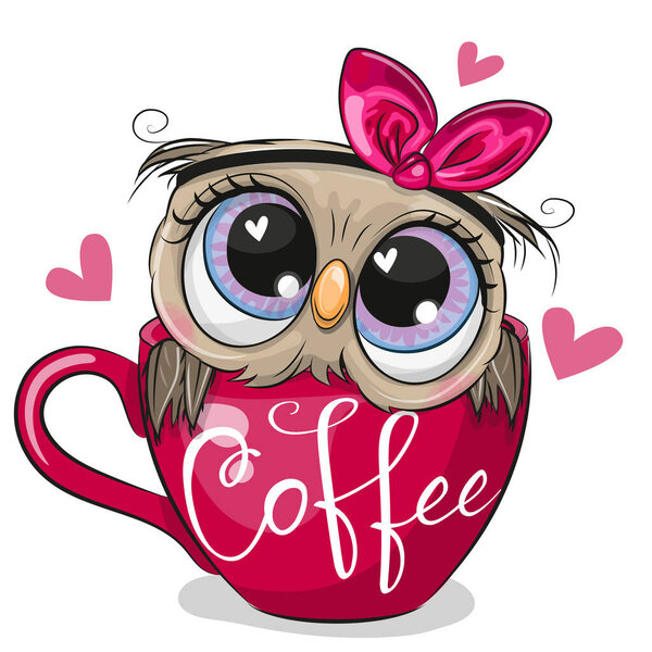 Cute Cartoon owl with a bow is sitting in a cup of coffee
