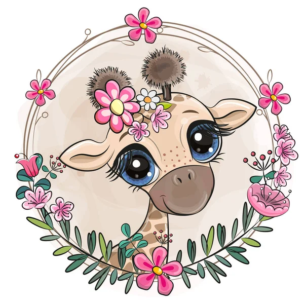 Leuke Cartoon Giraffe Met Bloemen Een Witte Achtergrond — Stockvector