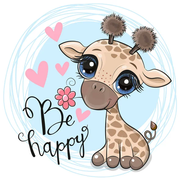 Carte Souhaits Mignonne Caricature Girafe Avec Fleur Sur Fond Bleu — Image vectorielle