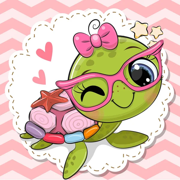 Χαριτωμένο Κορίτσι Χελώνα Καρτούν Ροζ Γυαλιά Φιόγκο — Διανυσματικό Αρχείο