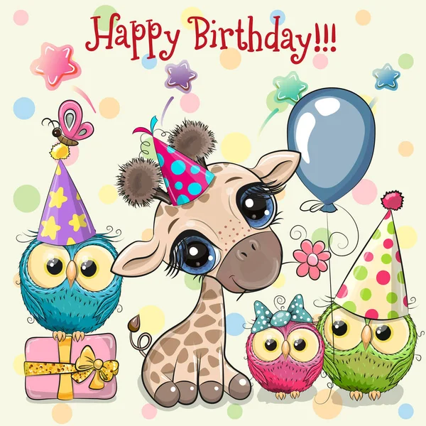 Birthday Card Cute Giraffe Owls Balloon Bonnets — Stock Vector