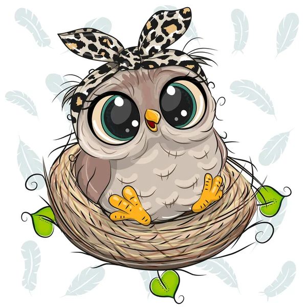 Cute Cartoon Owl Nest White Background — Stock Vector