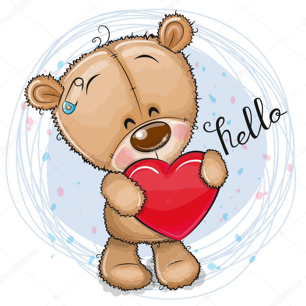 Cute Cartoon Teddy Bear with heart on a blue background