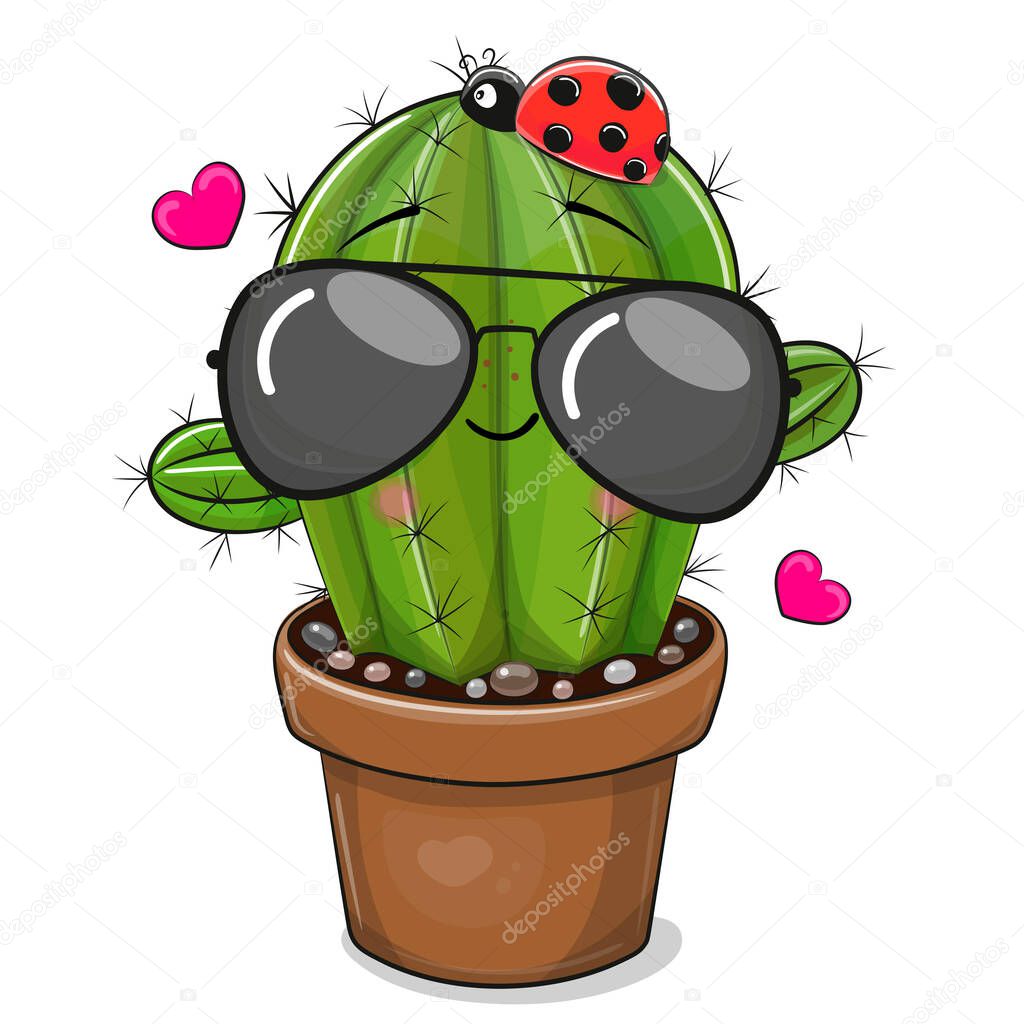 Cute Cartoon Cactus with glasses isolated on a white background