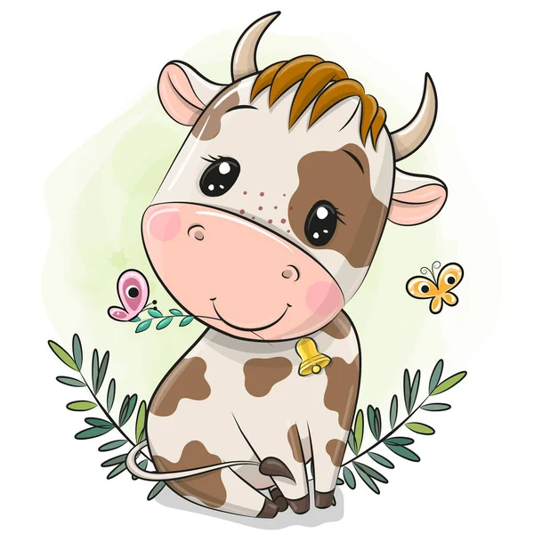 Cute Cartoon Little Bull Green Background — Stock Vector
