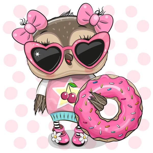 Bonito Cartoon Coruja Menina Com Donut Fundo Pontos — Vetor de Stock