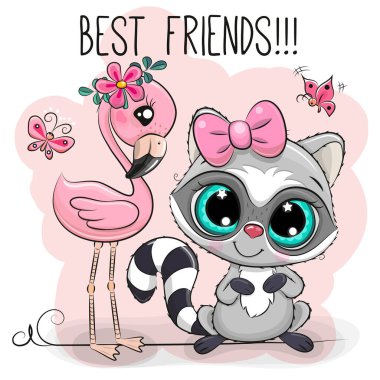 Pembe arka planda şirin bir Rakun ve Flamingo çizgi filmi.