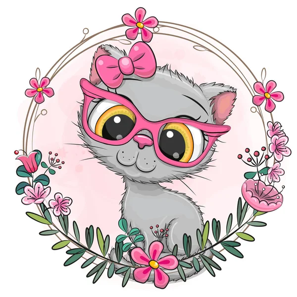 かわいいです漫画グレー子猫とともに花の花輪 — ストックベクタ