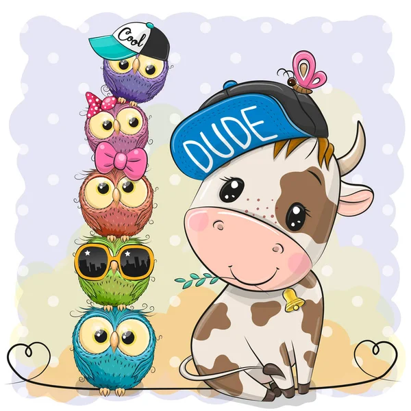 Cute Cartoon Little Bull Owls Blue Background — Stock Vector