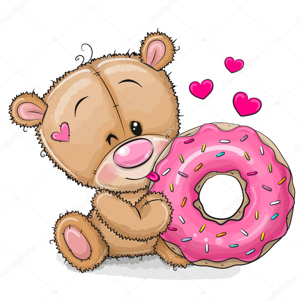 Cute Cartoon Teddy Bear with donut on a white background