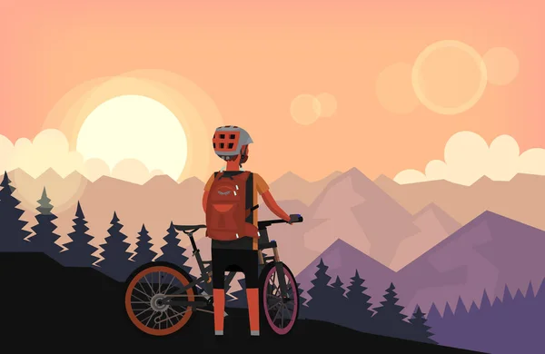 Bike rider guardando il tramonto — Vettoriale Stock