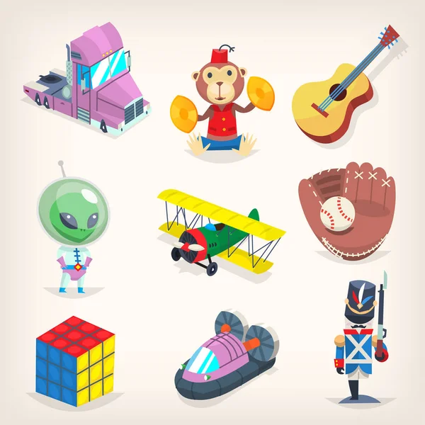 Uppsättning färgglada leksaker för Barnspel, rekreation och semester presenterar. — Stock vektor