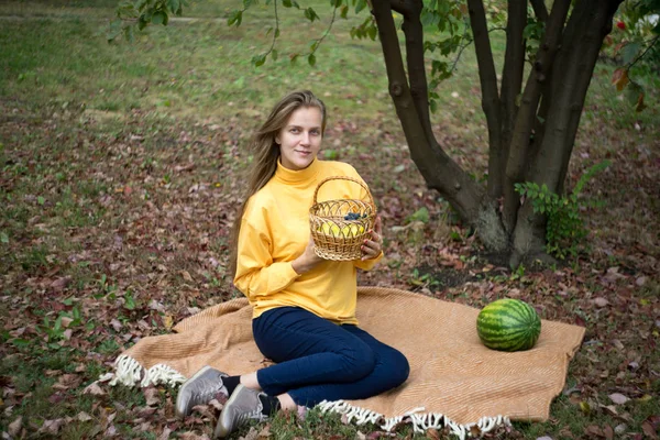 Meisje herfst picknick — Stockfoto