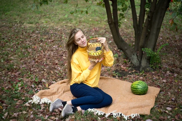 Meisje herfst picknick — Stockfoto