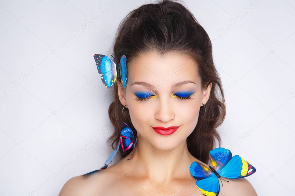woman blue butterfly