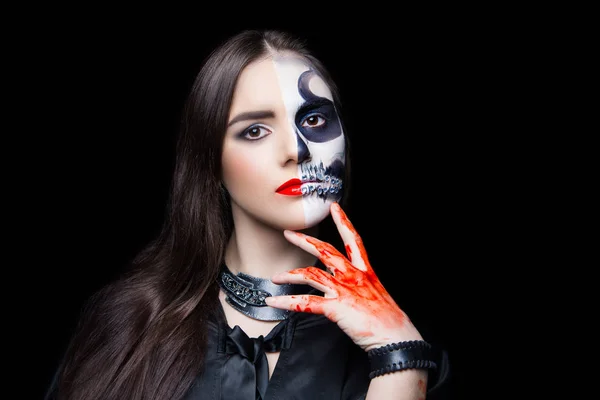 Horror Halloween nacht feest make-up schedel — Stockfoto