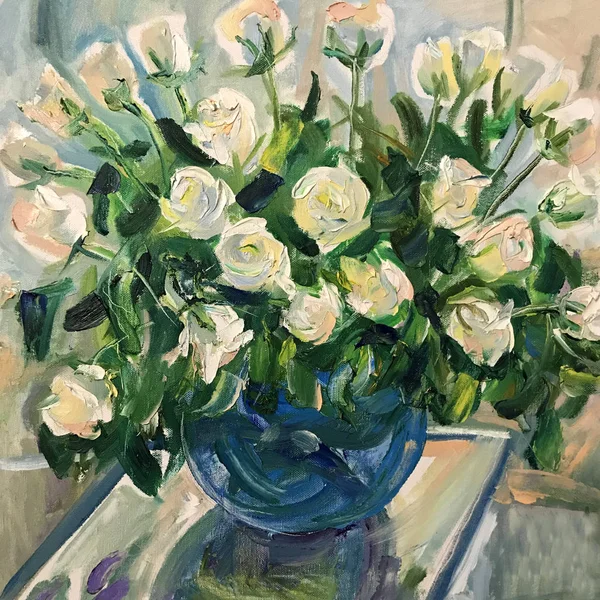 Drawing of white roses in blue round vase