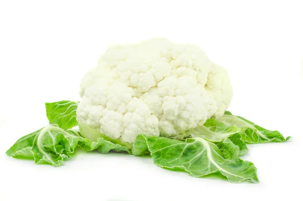 Cauliflower with green leaves isolated on white background — Stock Photo, Image