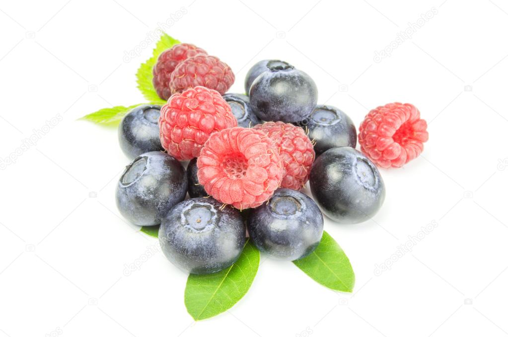 Raspberry with blueberry isolated on white background cutout