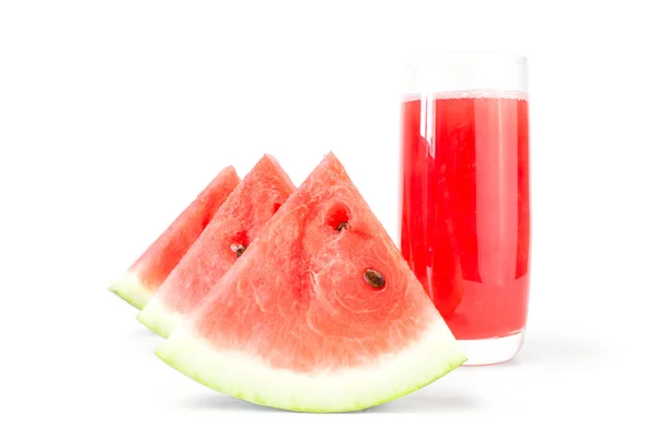 Glass of watermelon juice and slices on white — Stock Photo, Image