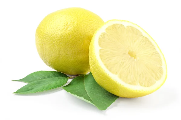 Lemon and half isolated on white background with green leaf — Stock Photo, Image