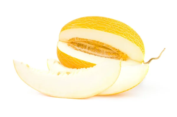 Φρέσκα ώριμα κίτρινο πεπόνι που απομονώνονται σε ένα λευκό φόντο cutout — Φωτογραφία Αρχείου