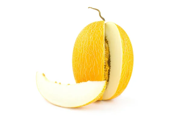 Melón amarillo maduro fresco aislado sobre un recorte de fondo blanco —  Fotos de Stock