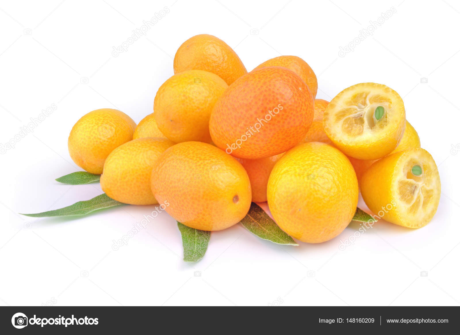 Pile of kumquat and two its half isolated on white background cutout