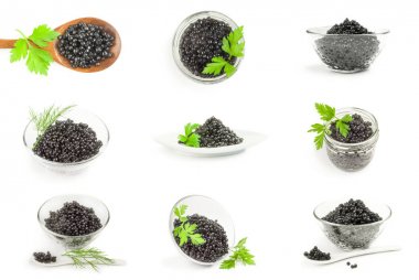 Beyaz bir arka plan üzerinde siyah havyar kolaj