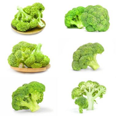 Beyaz arka plan üzerinde izole brokoli lahana yakın çekim kolaj