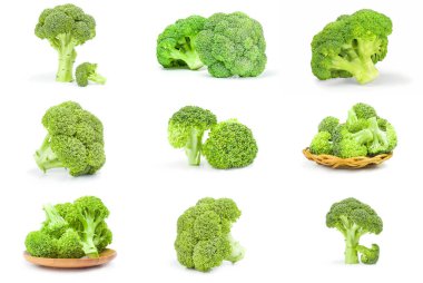 Beyaz arka planda taze yeşil brokoli seti.