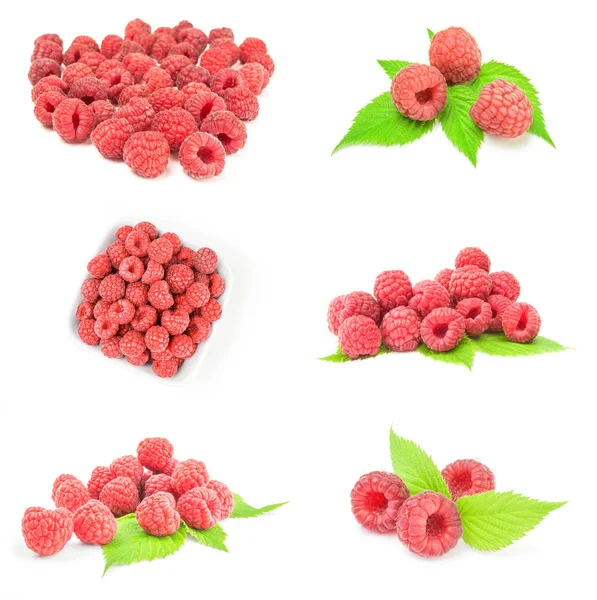 Collage Aus Saftigen Himbeeren Isoliert Auf Einem Weißen Ausschnitt — Stockfoto