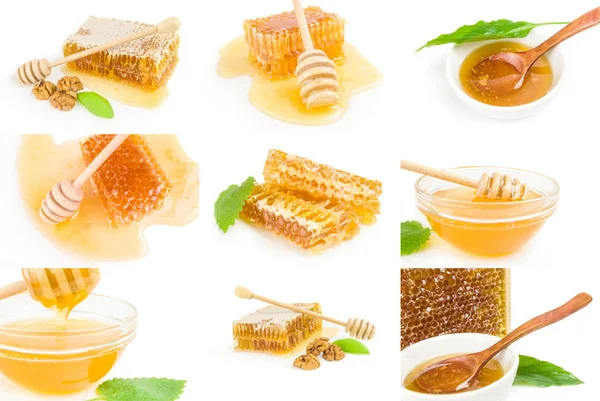 在白色背景切割中分离的甜蜂蜜的采集 — 图库照片