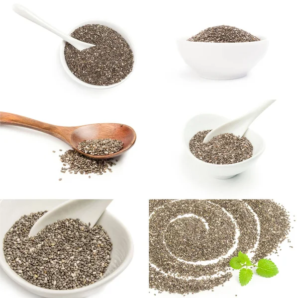 Collage van superfood chia zaden op een witte achtergrond — Stockfoto