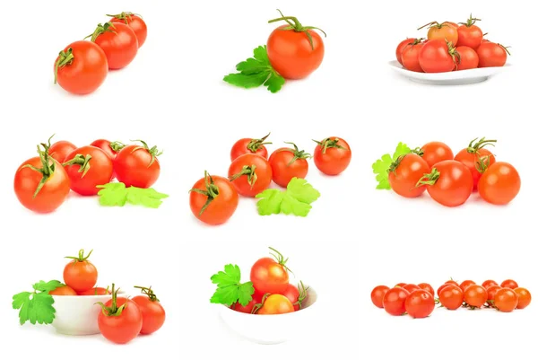 Collage of tomatoes close-up on white — Stock Photo, Image