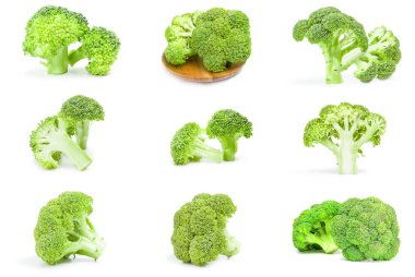 Beyaz arka plan üzerinde izole taze yeşil brokoli yakın çekim kolaj