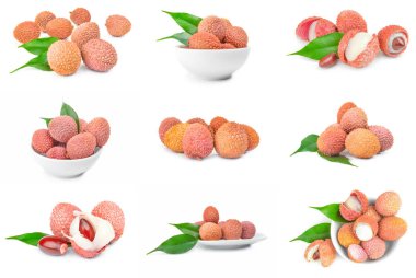 Leechee üzerinde beyaz arka plan kesme seti