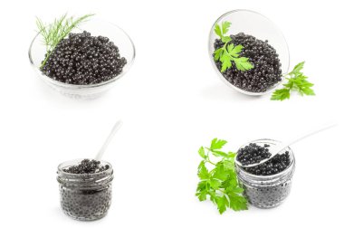 Siyah beluga havyarı üzerinde bir beyaz arka plan kesme kolaj