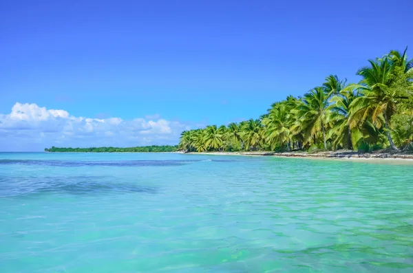 Laguna tropicale sulla spiaggia con palme. Thailandia panorama turistico di isola e oceano orizzonte — Foto Stock